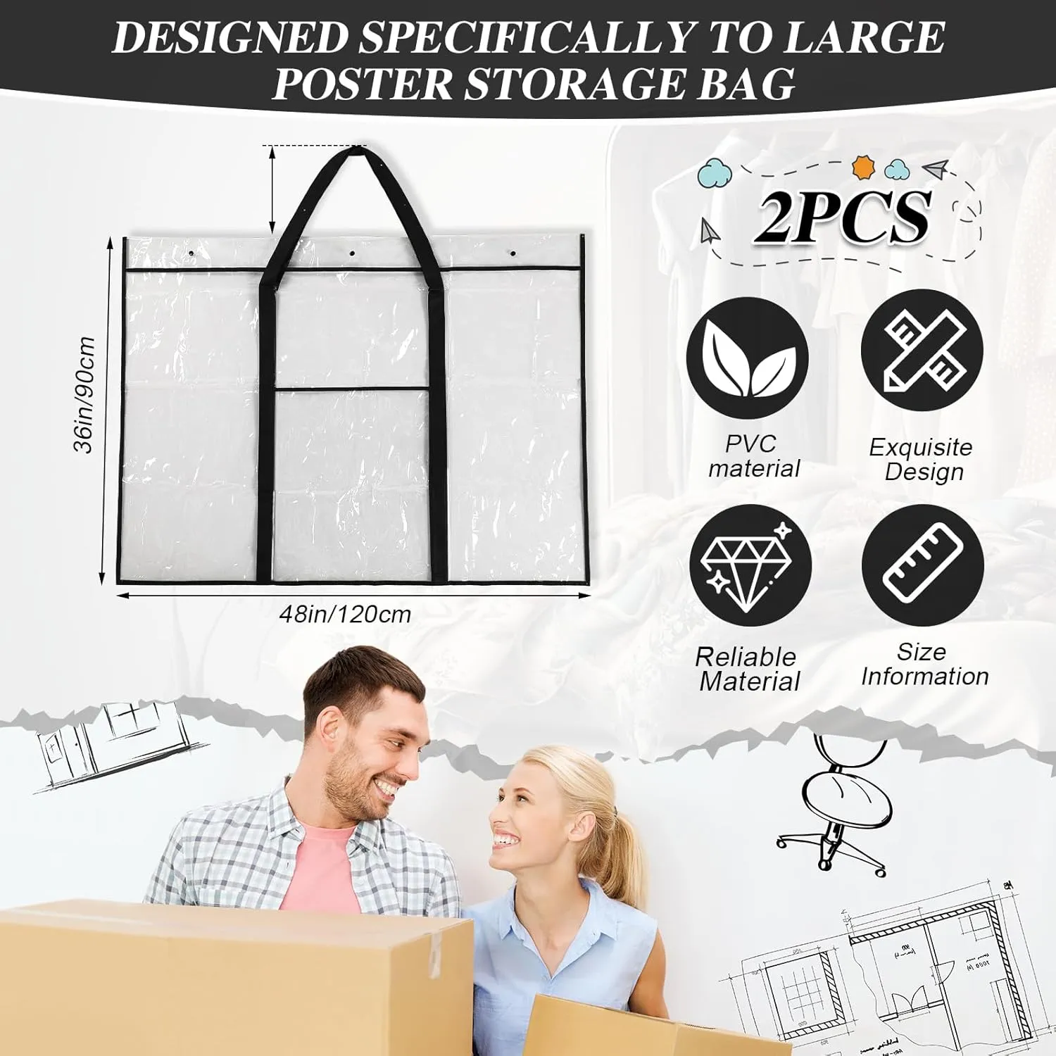 Windyun 2 Pack Large Poster Storage Bag 48" x 36" Bulletin Board Holder Art Portfolio Case PVC Art Portfolio Container Bulletin Board Storage Box with Pocket for Classroom Teacher Organization (Black)