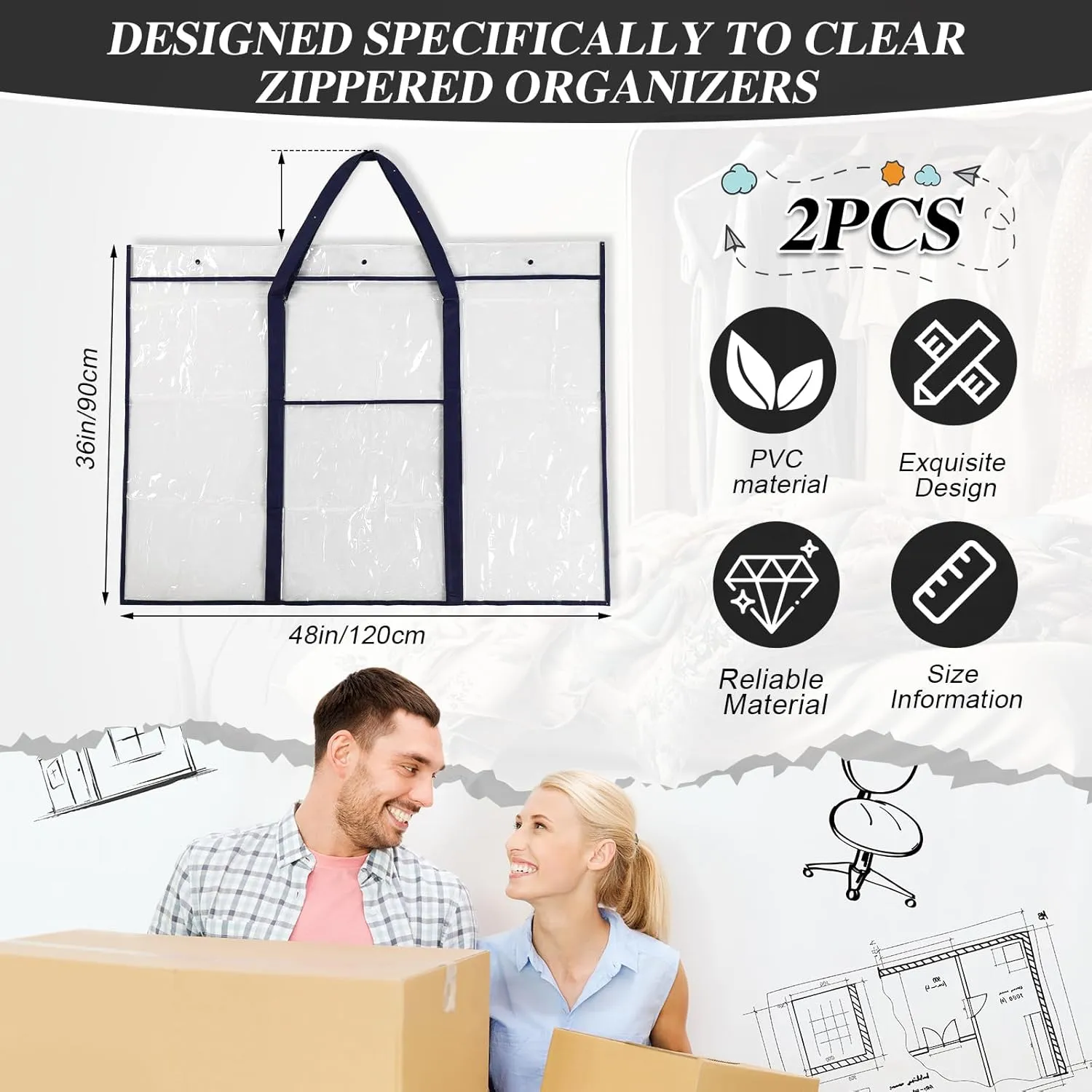 Windyun 2 Pack Large Poster Storage Bag 48" x 36" Bulletin Board Holder Art Portfolio Case PVC Art Portfolio Container Bulletin Board Storage Box with Pocket for Classroom Teacher Organization (Blue)