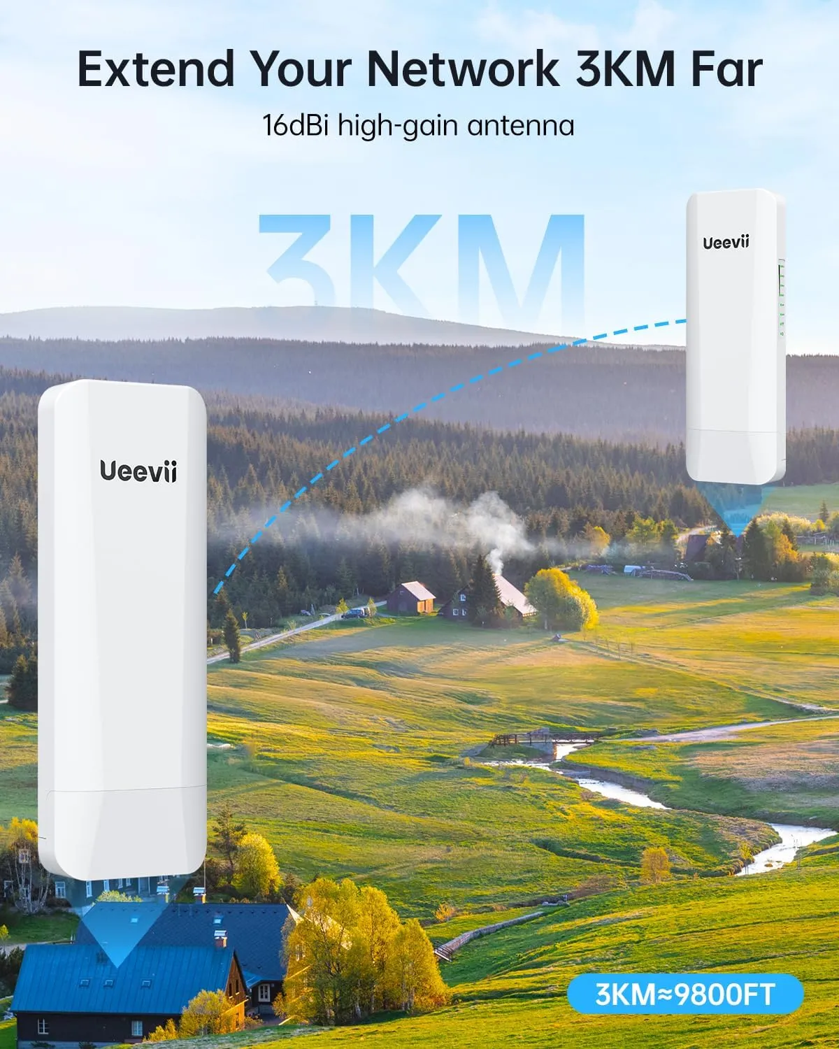 Wireless Bridge Point to Point Outdoor: Ueevii 5.8GHz 3KM WiFi Bridge with Dual 100Mbps, Long Range CPE for Network Extend, PoE Adapter, IP65 Weatherproof, CPE453 for Starlink Garage Barn Shop