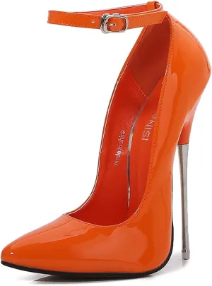 WOilERQ High Heels Women Ankle Strap Pumps Pointed Toe Stilettos 6.3 inch/16cm Sexy Heels Party Shoes Patent Leather Metal Heel for Crossdressing Show