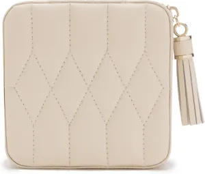 WOLF Caroline Zip Travel Case, Ivory - Seven Ring Rolls, Four Compartments, Three Necklace Hooks & Pocket - Anti-Tarnish LusterLoc Lining