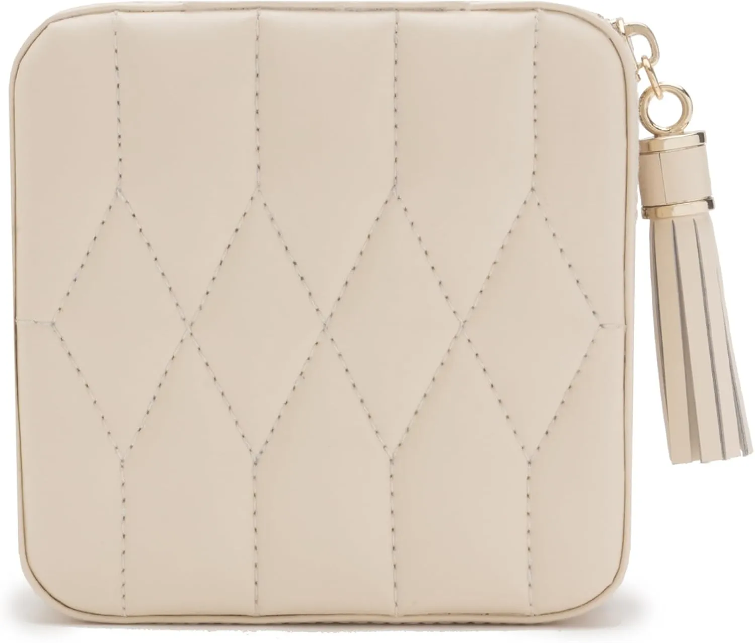 WOLF Caroline Zip Travel Case, Ivory - Seven Ring Rolls, Four Compartments, Three Necklace Hooks & Pocket - Anti-Tarnish LusterLoc Lining
