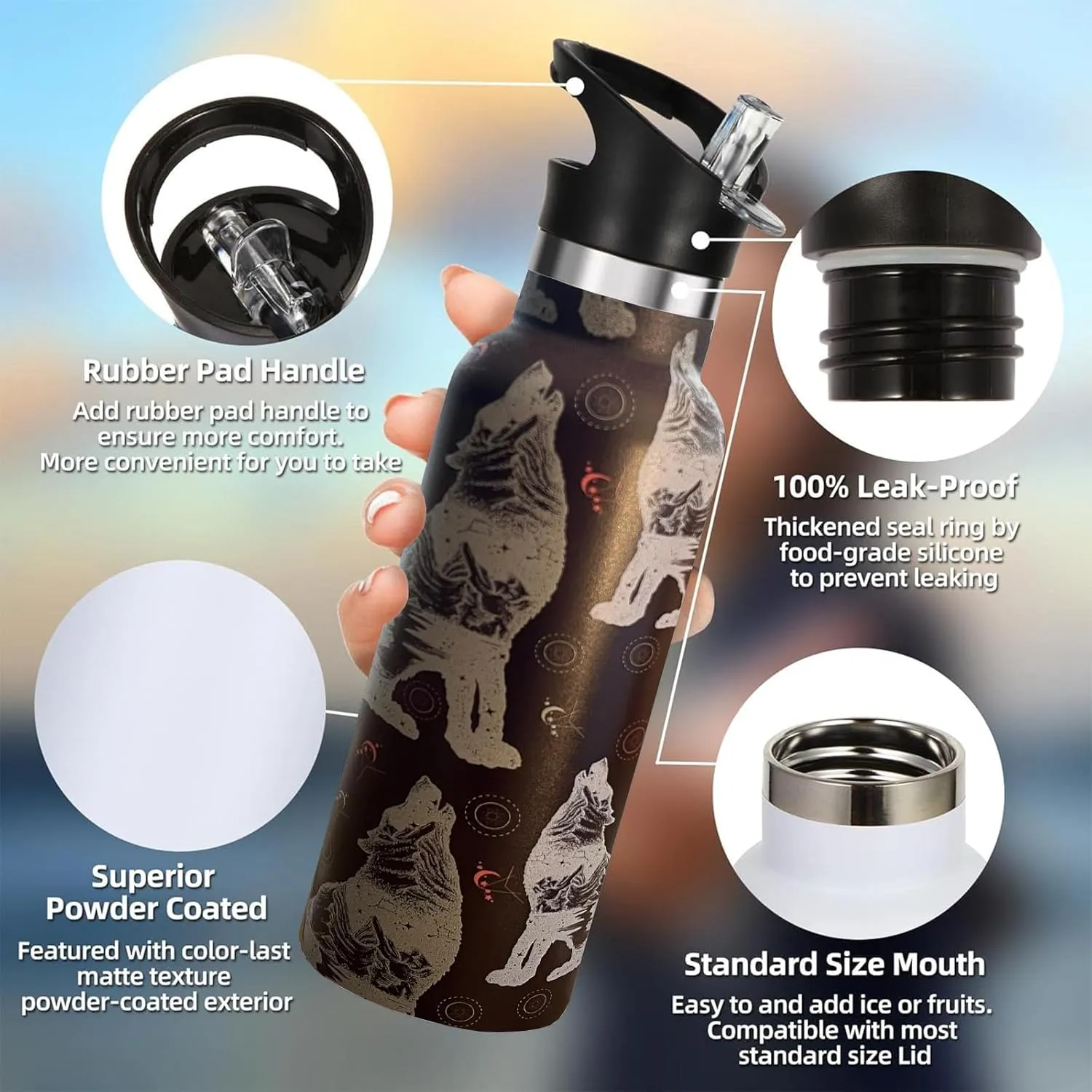 Wolf Water Bottle Adult Kids With Straw Lid Insulated Stainless Steel Travel Mugs for Sport Gym Outdoor 20oz
