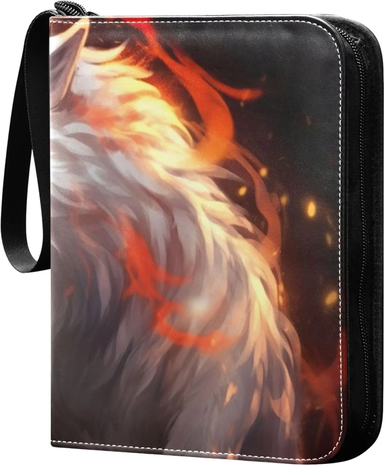 Wolfs with Fire Card Binder 4 Pocket Collectible Trading Card Albums with 50 Sleeves Double Side PU Waterproof 3 Ring for Sports & Game Cards