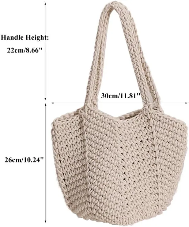 Women Cotton Woven Handmade Shoulder Bag Tote Handbag Summer Beach Purse for Holiday Vacation Casual Hobo Beige