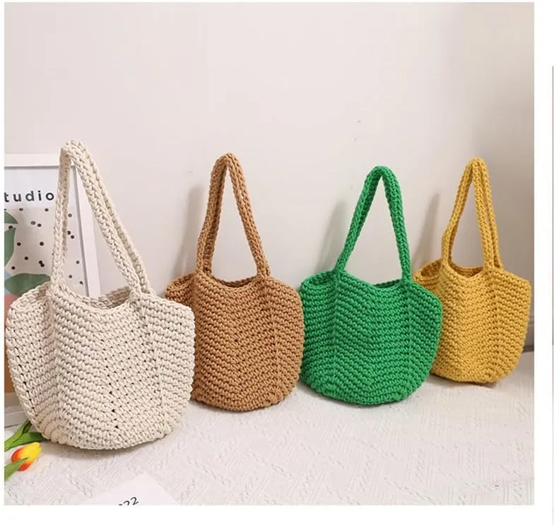 Women Cotton Woven Handmade Shoulder Bag Tote Handbag Summer Beach Purse for Holiday Vacation Casual Hobo Beige