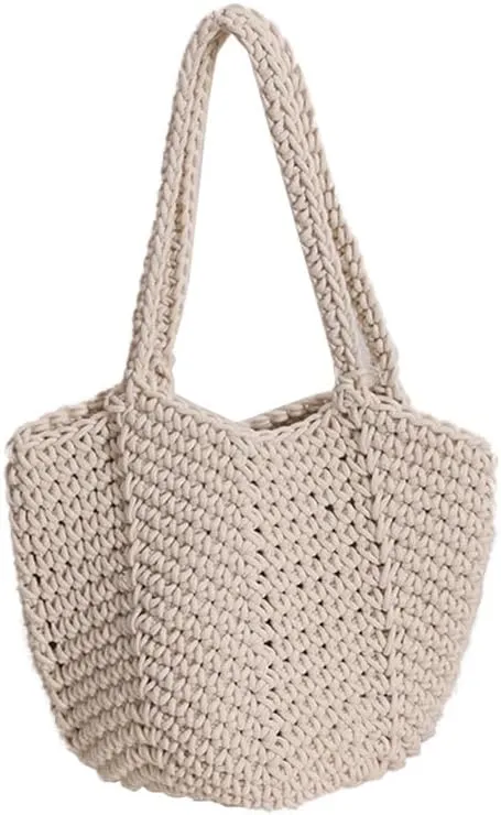 Women Cotton Woven Handmade Shoulder Bag Tote Handbag Summer Beach Purse for Holiday Vacation Casual Hobo Beige