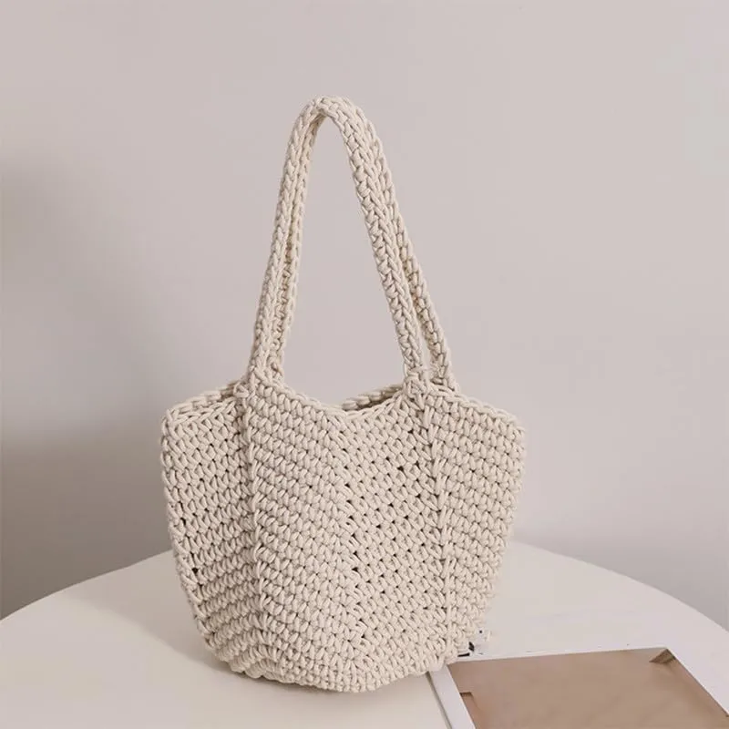 Women Cotton Woven Handmade Shoulder Bag Tote Handbag Summer Beach Purse for Holiday Vacation Casual Hobo Beige