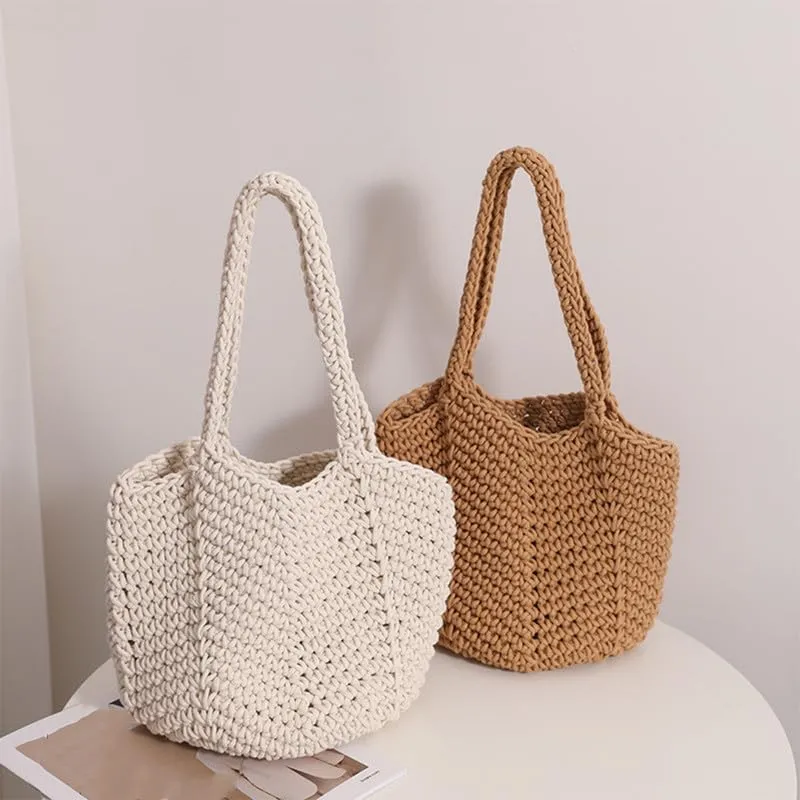 Women Cotton Woven Handmade Shoulder Bag Tote Handbag Summer Beach Purse for Holiday Vacation Casual Hobo Beige