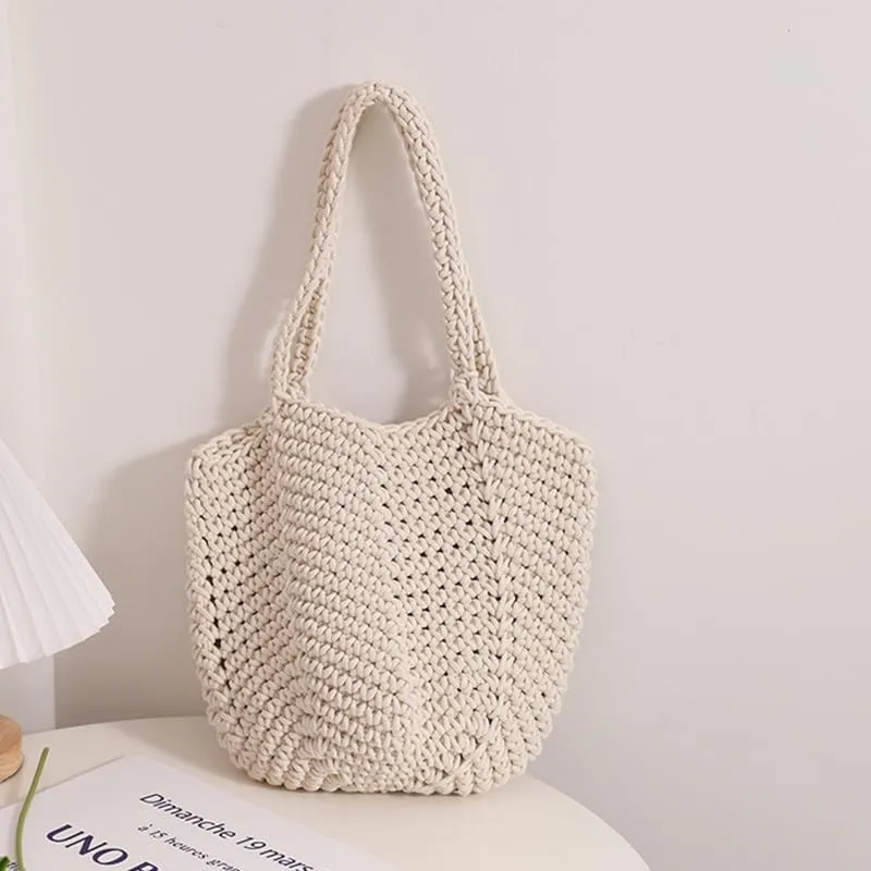 Women Cotton Woven Handmade Shoulder Bag Tote Handbag Summer Beach Purse for Holiday Vacation Casual Hobo Beige