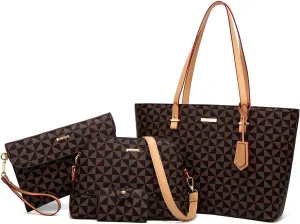 Women Fashion Synthetic Leather Handbags Tote Bag Shoulder Bag Top Handle Satchel Purse Set 4pcs