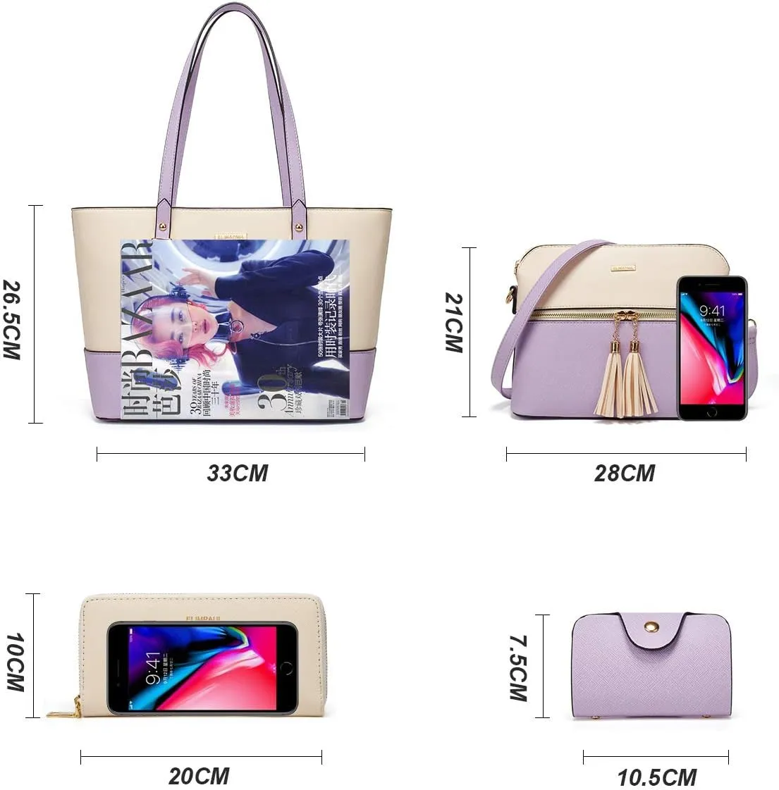 Women Fashion Synthetic Leather Handbags Tote Bag Shoulder Bag Top Handle Satchel Purse Set 4pcs