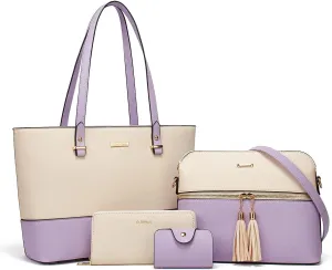 Women Fashion Synthetic Leather Handbags Tote Bag Shoulder Bag Top Handle Satchel Purse Set 4pcs