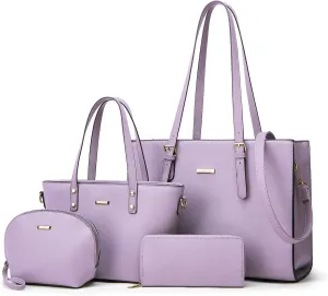 Women Fashion Synthetic Leather Handbags Tote Bag Shoulder Bag Top Handle Satchel Purse Set 4pcs