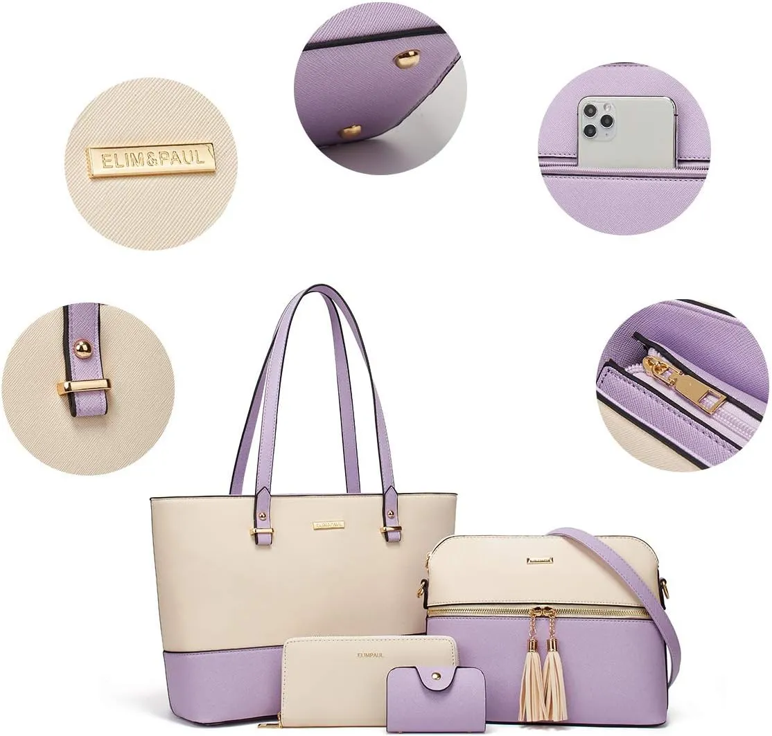 Women Fashion Synthetic Leather Handbags Tote Bag Shoulder Bag Top Handle Satchel Purse Set 4pcs