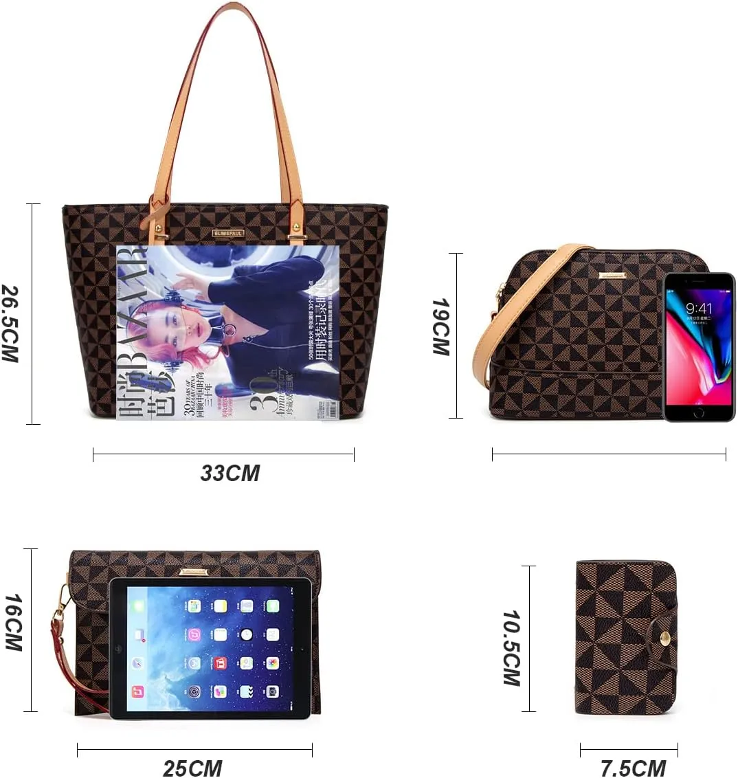 Women Fashion Synthetic Leather Handbags Tote Bag Shoulder Bag Top Handle Satchel Purse Set 4pcs