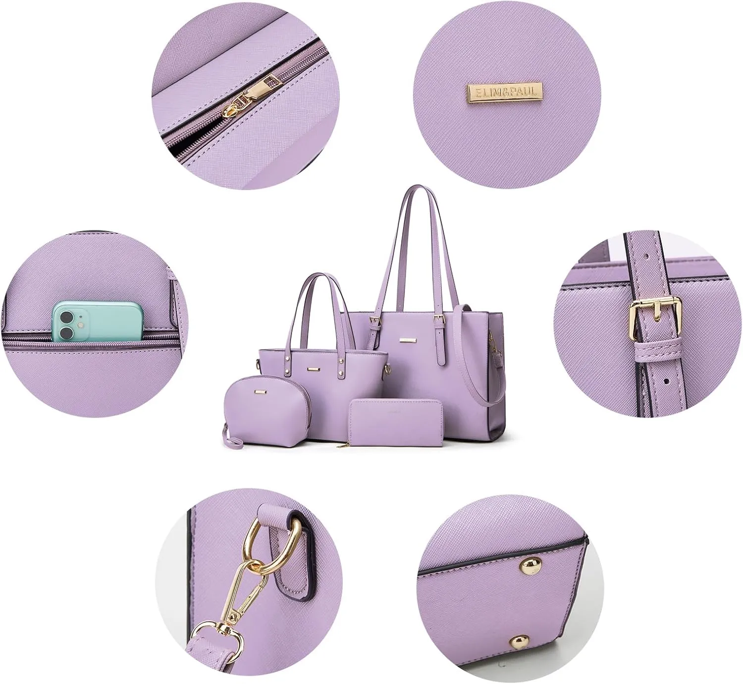 Women Fashion Synthetic Leather Handbags Tote Bag Shoulder Bag Top Handle Satchel Purse Set 4pcs