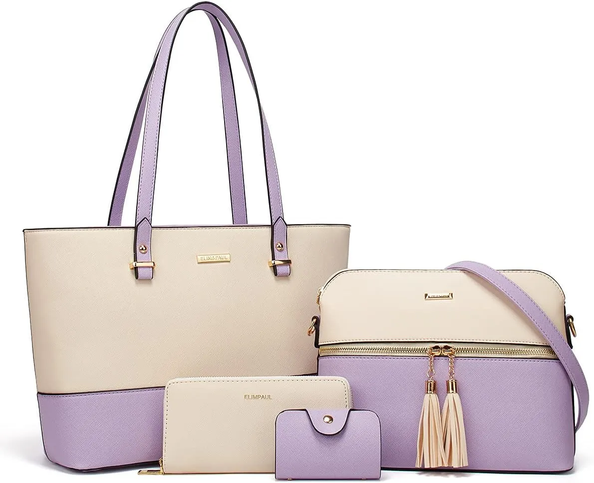 Women Fashion Synthetic Leather Handbags Tote Bag Shoulder Bag Top Handle Satchel Purse Set 4pcs