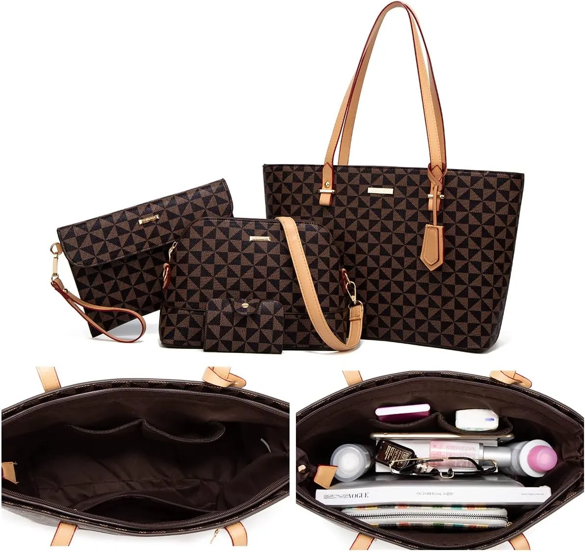 Women Fashion Synthetic Leather Handbags Tote Bag Shoulder Bag Top Handle Satchel Purse Set 4pcs