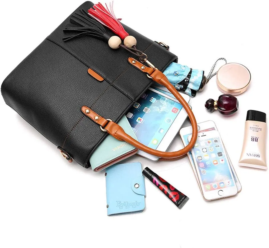Women Handbag Tassel Desinger Tote PU Leather Shoulder Bag Purse Stitching Pattern Crossbody Bag Satchel