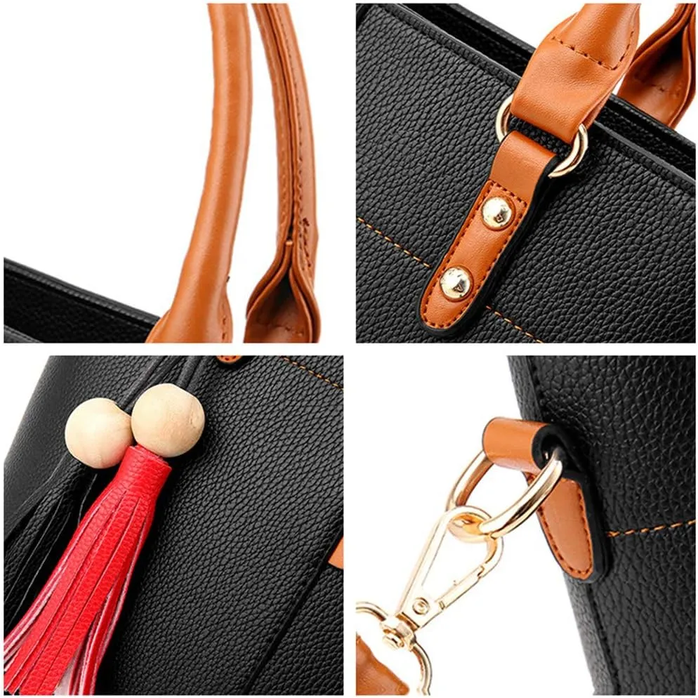 Women Handbag Tassel Desinger Tote PU Leather Shoulder Bag Purse Stitching Pattern Crossbody Bag Satchel