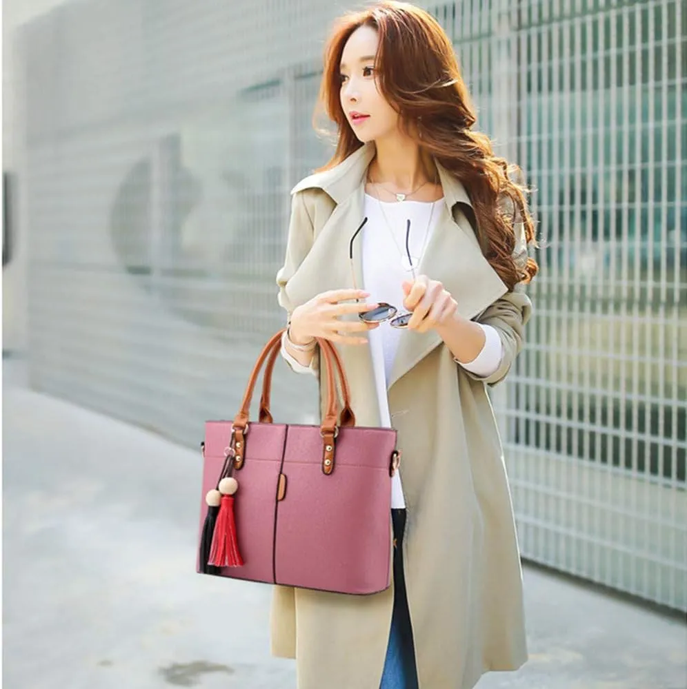Women Handbag Tassel Desinger Tote PU Leather Shoulder Bag Purse Stitching Pattern Crossbody Bag Satchel