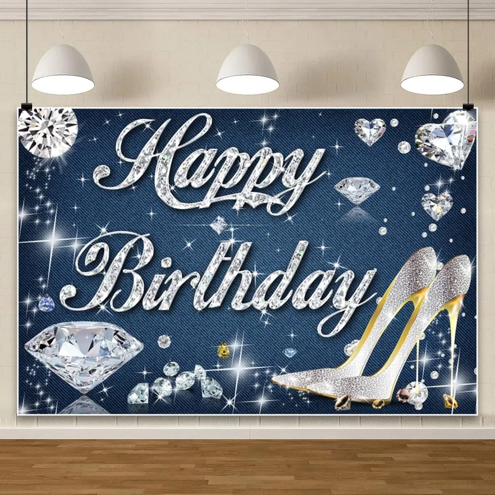 Women High Heel Birthday Banner 98.4x70.8Inch Fabric Diamond Birthday Banner Lady 30th 40th 50th Party Decorations Backdrop Video Background