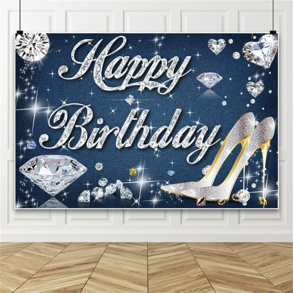 Women High Heel Birthday Banner 98.4x70.8Inch Fabric Diamond Birthday Banner Lady 30th 40th 50th Party Decorations Backdrop Video Background
