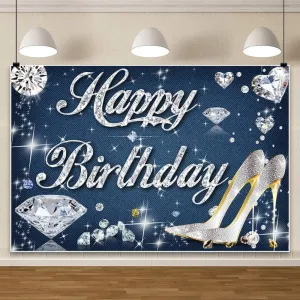 Women High Heel Birthday Banner 98.4x70.8Inch Fabric Diamond Birthday Banner Lady 30th 40th 50th Party Decorations Backdrop Video Background