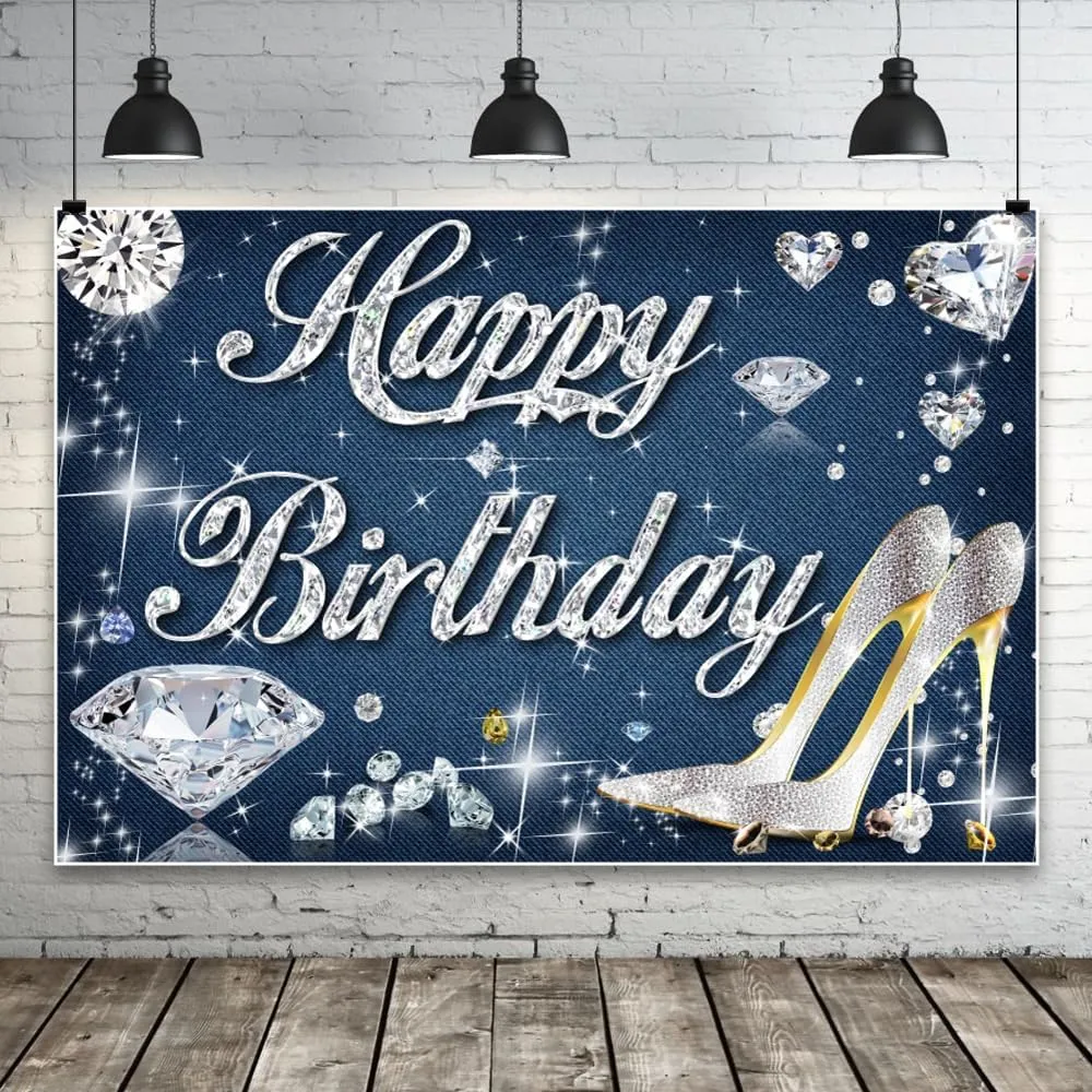 Women High Heel Birthday Banner 98.4x70.8Inch Fabric Diamond Birthday Banner Lady 30th 40th 50th Party Decorations Backdrop Video Background