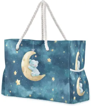 Women Large Beach Bag Bears Crawl on The Moon Travel Tote Bags for Gym Sport Shoulder Bag