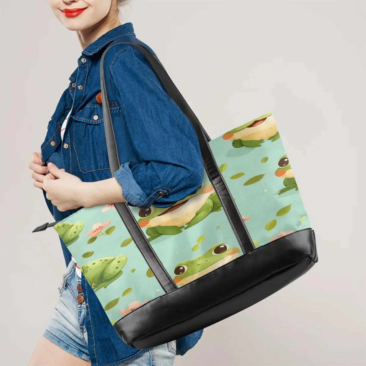 Women Tote Bag with Zipper, Shopper Handbag Travel Purse, PU Leather Laptop Tote Bags, Weekender Bags