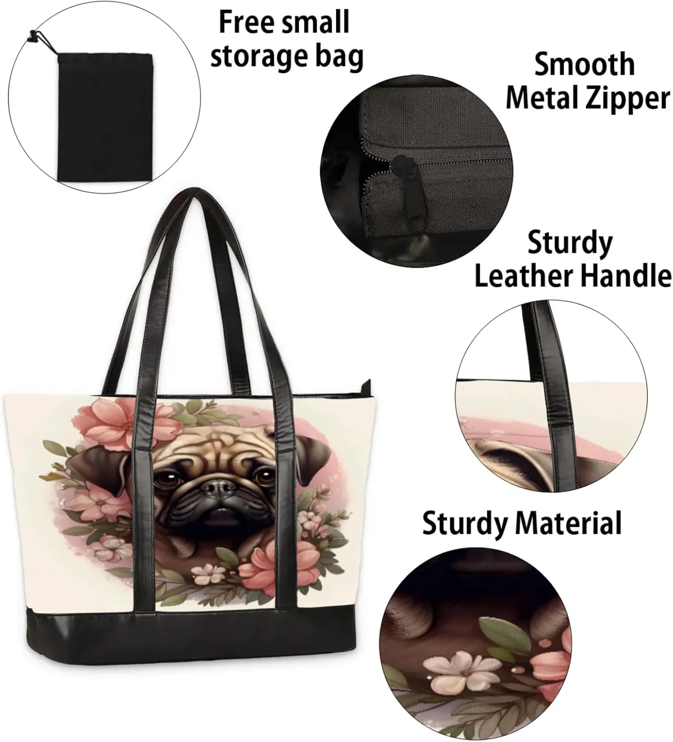 Women Tote Bag with Zipper, Shopper Handbag Travel Purse, PU Leather Laptop Tote Bags, Weekender Bags