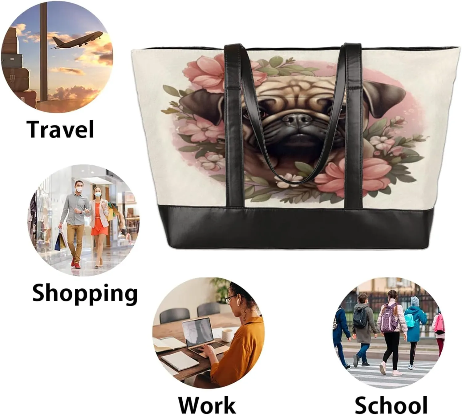 Women Tote Bag with Zipper, Shopper Handbag Travel Purse, PU Leather Laptop Tote Bags, Weekender Bags