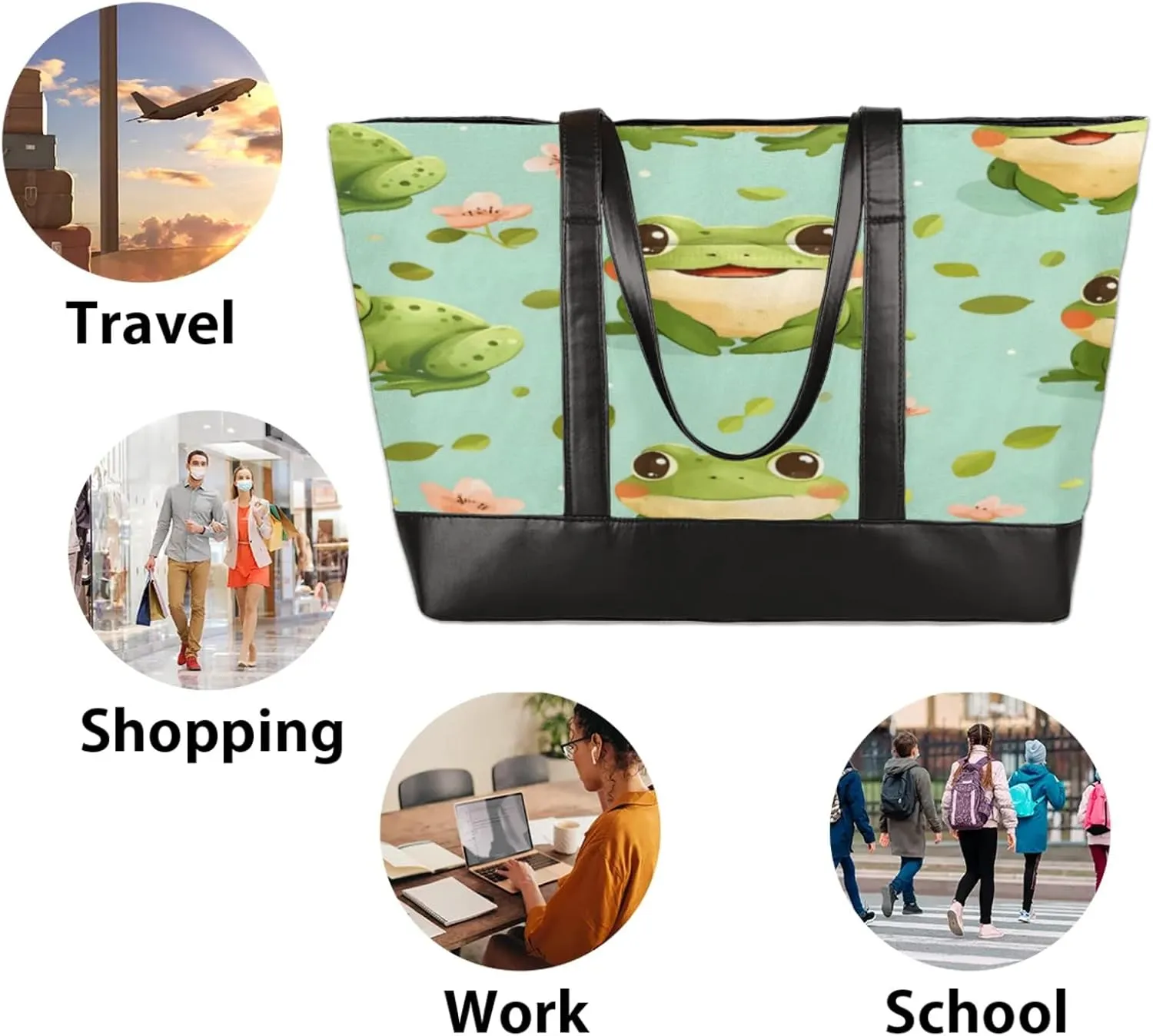 Women Tote Bag with Zipper, Shopper Handbag Travel Purse, PU Leather Laptop Tote Bags, Weekender Bags