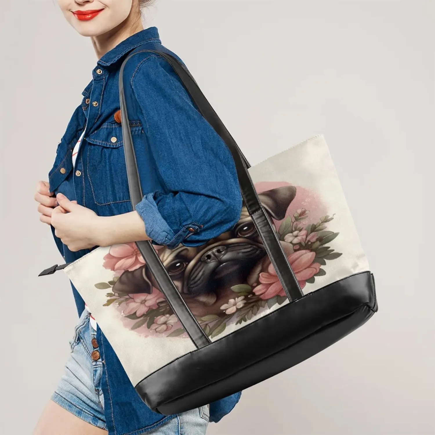 Women Tote Bag with Zipper, Shopper Handbag Travel Purse, PU Leather Laptop Tote Bags, Weekender Bags