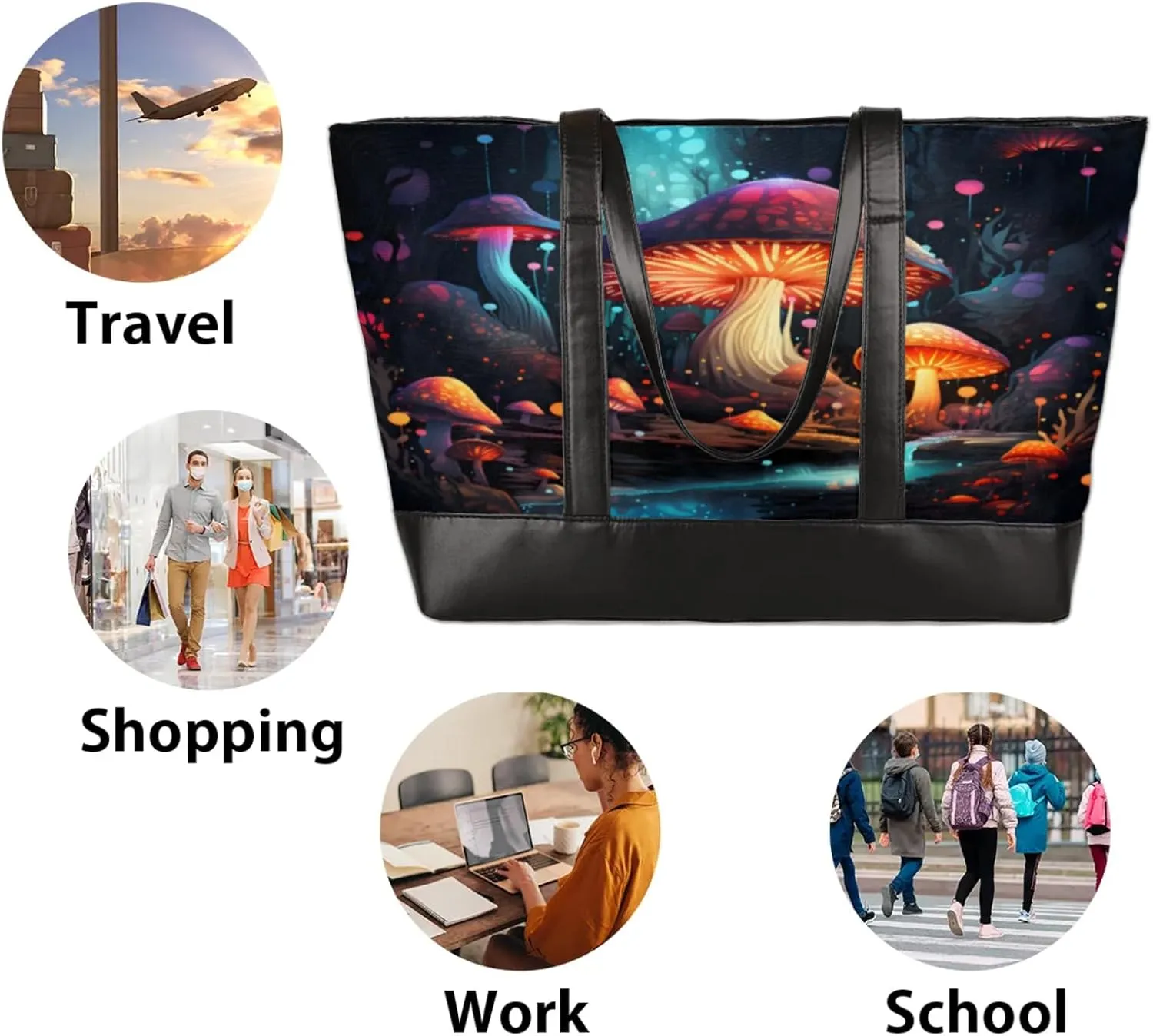 Women Tote Bag with Zipper, Shopper Handbag Travel Purse, PU Leather Laptop Tote Bags, Weekender Tote Bags