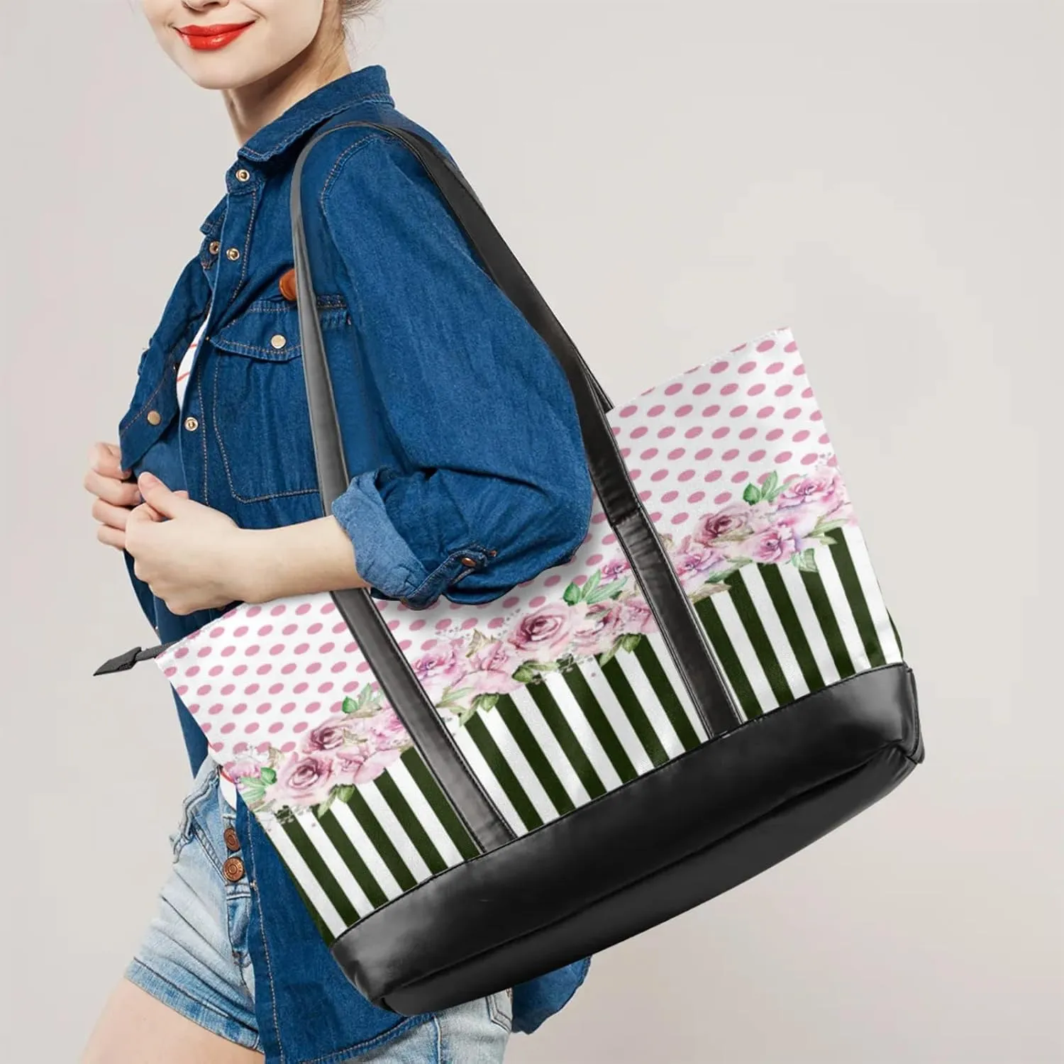 Women Tote Bag with Zipper, Shopper Handbag Travel Purse, PU Leather Laptop Tote Bags, Weekender Tote Bags