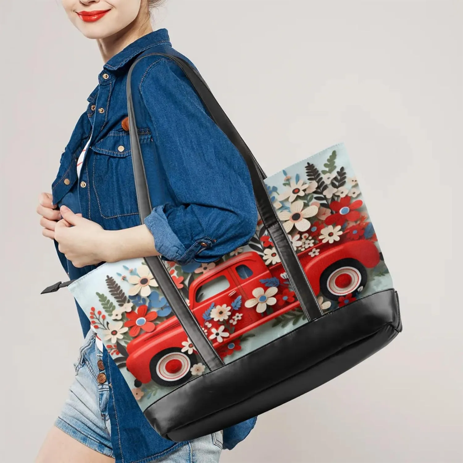 Women Tote Bag with Zipper, Shopper Handbag Travel Purse, PU Leather Laptop Tote Bags, Weekender Tote Bags