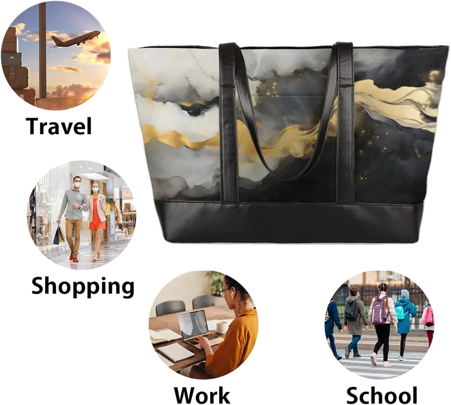Women Tote Bag with Zipper, Shopper Handbag Travel Purse, PU Leather Laptop Tote Bags, Weekender Tote Bags