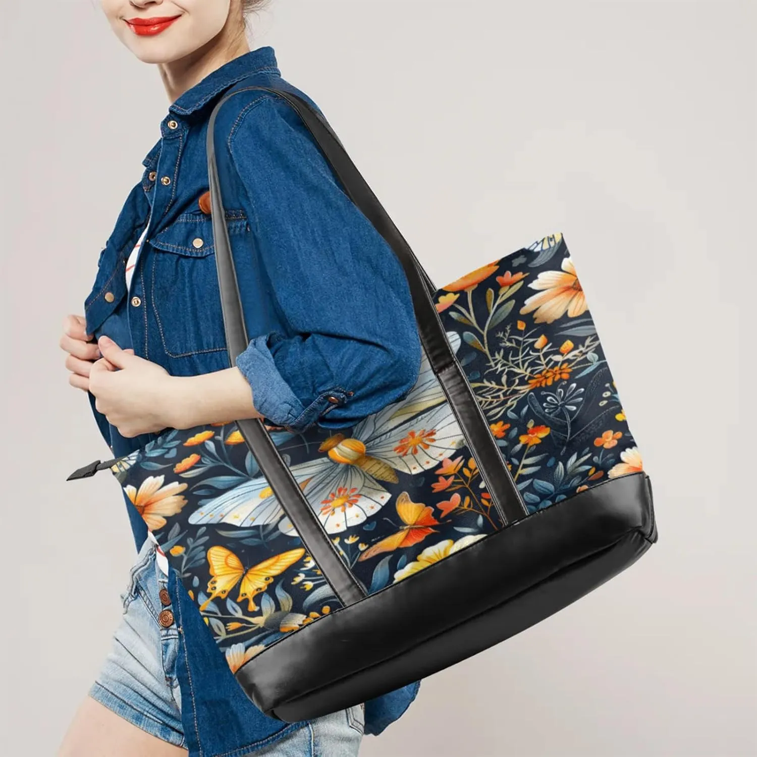 Women Tote Bag with Zipper, Shopper Handbag Travel Purse, PU Leather Laptop Tote Bags, Weekender Tote Bags