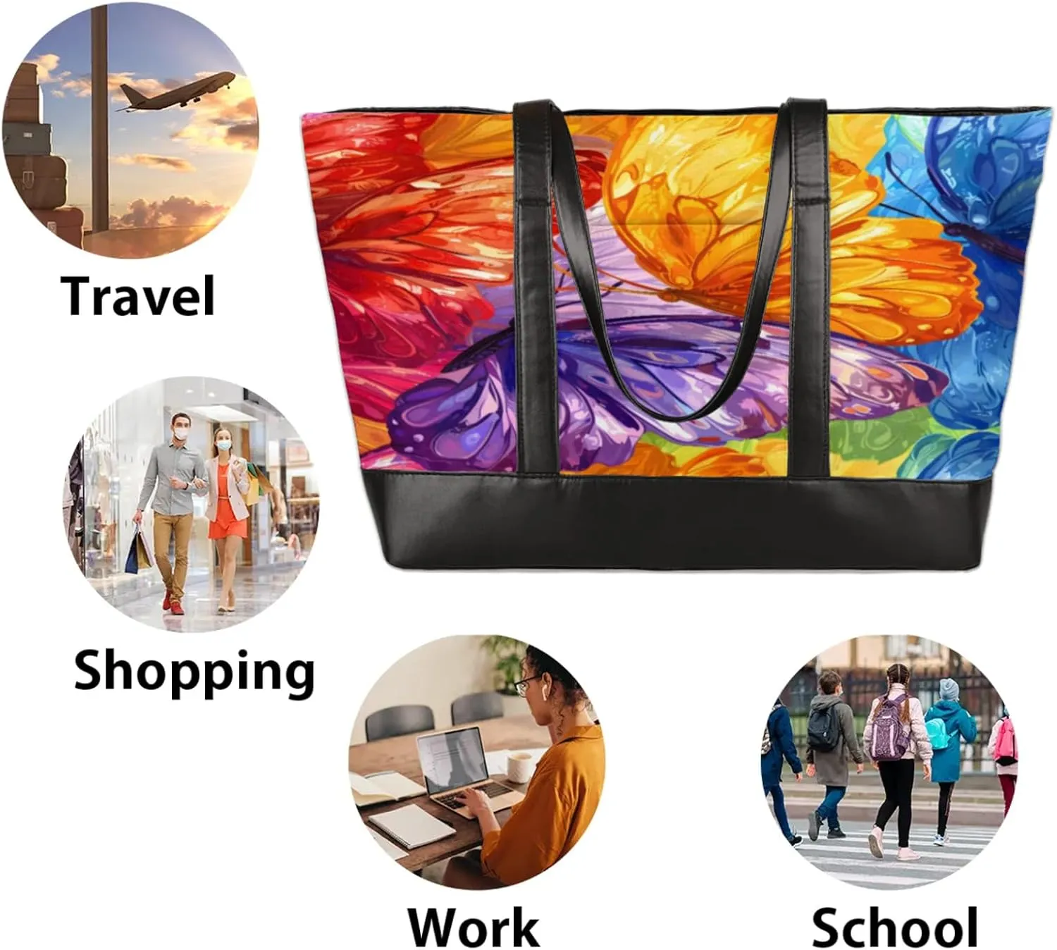 Women Tote Bag with Zipper, Shopper Handbag Travel Purse, PU Leather Laptop Tote Bags, Weekender Tote Bags