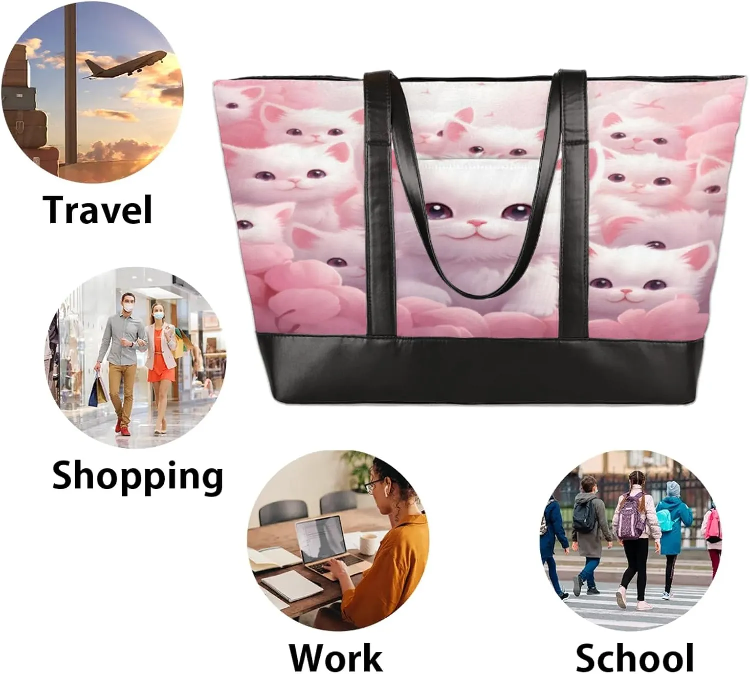 Women Tote Bag with Zipper, Shopper Handbag Travel Purse, PU Leather Laptop Tote Bags, Weekender Tote Bags