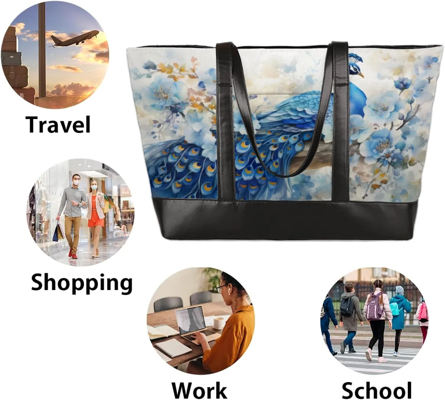 Women Tote Bag with Zipper, Shopper Handbag Travel Purse, PU Leather Laptop Tote Bags, Weekender Tote Bags