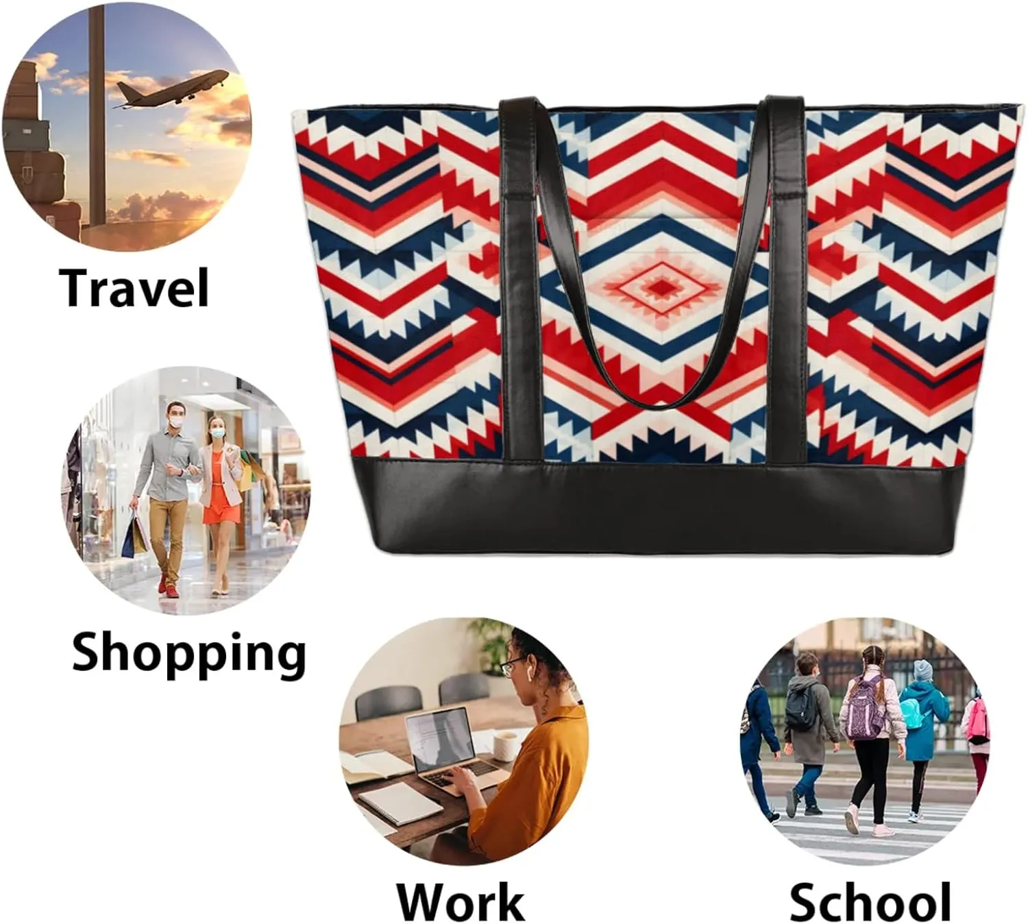 Women Tote Bag with Zipper, Shopper Handbag Travel Purse, PU Leather Laptop Tote Bags, Weekender Tote Bags