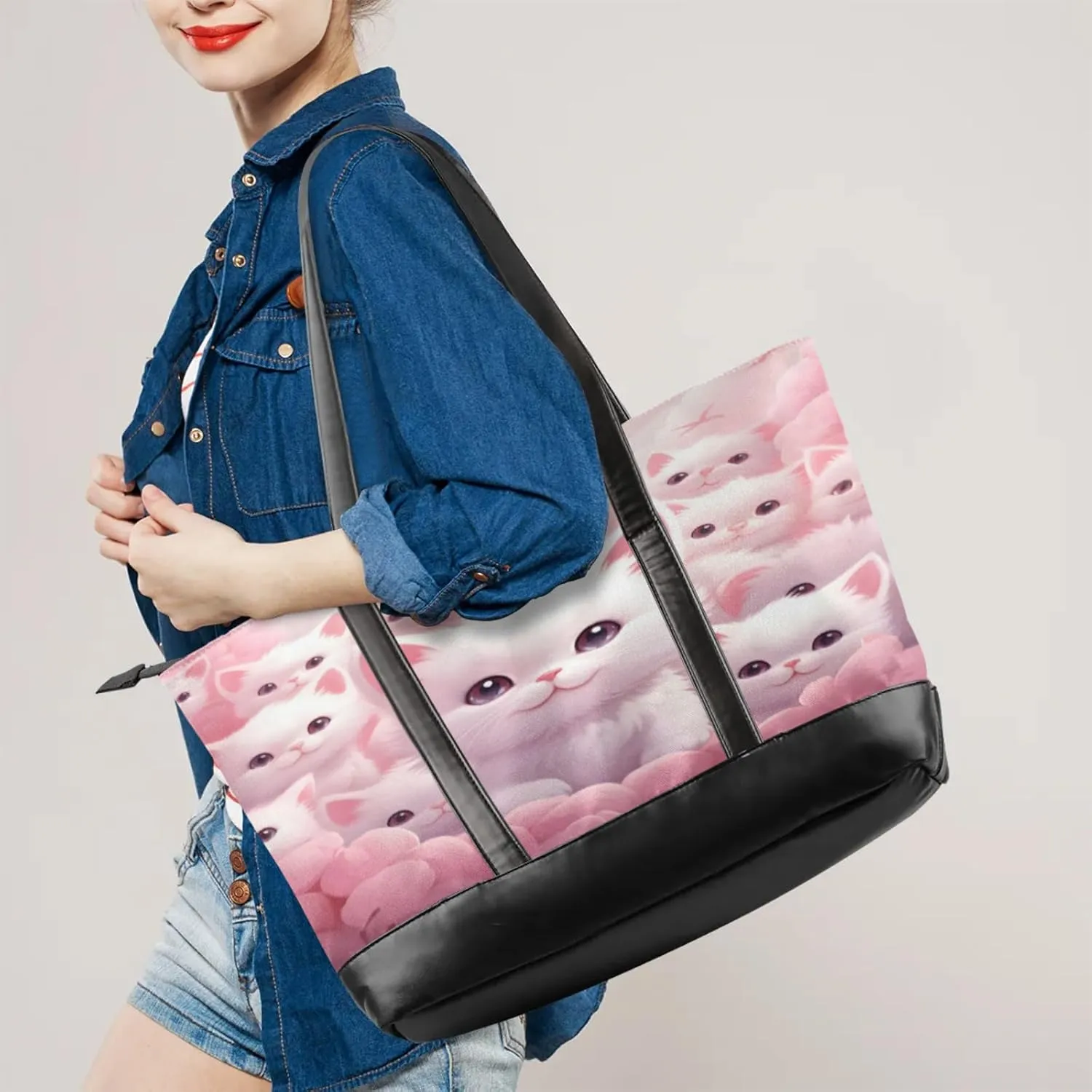 Women Tote Bag with Zipper, Shopper Handbag Travel Purse, PU Leather Laptop Tote Bags, Weekender Tote Bags