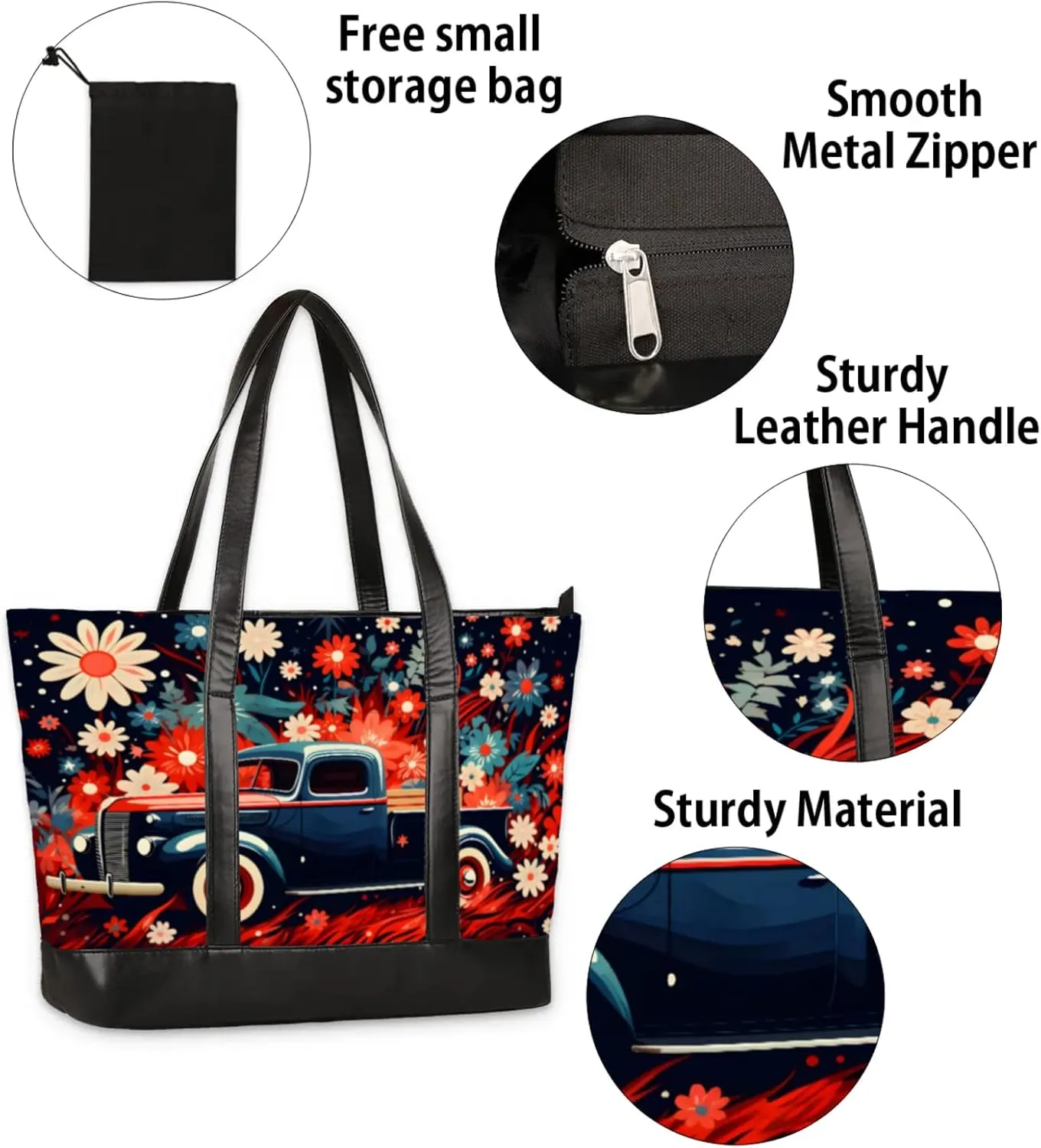 Women Tote Bag with Zipper, Shopper Handbag Travel Purse, PU Leather Laptop Tote Bags, Weekender Tote Bags