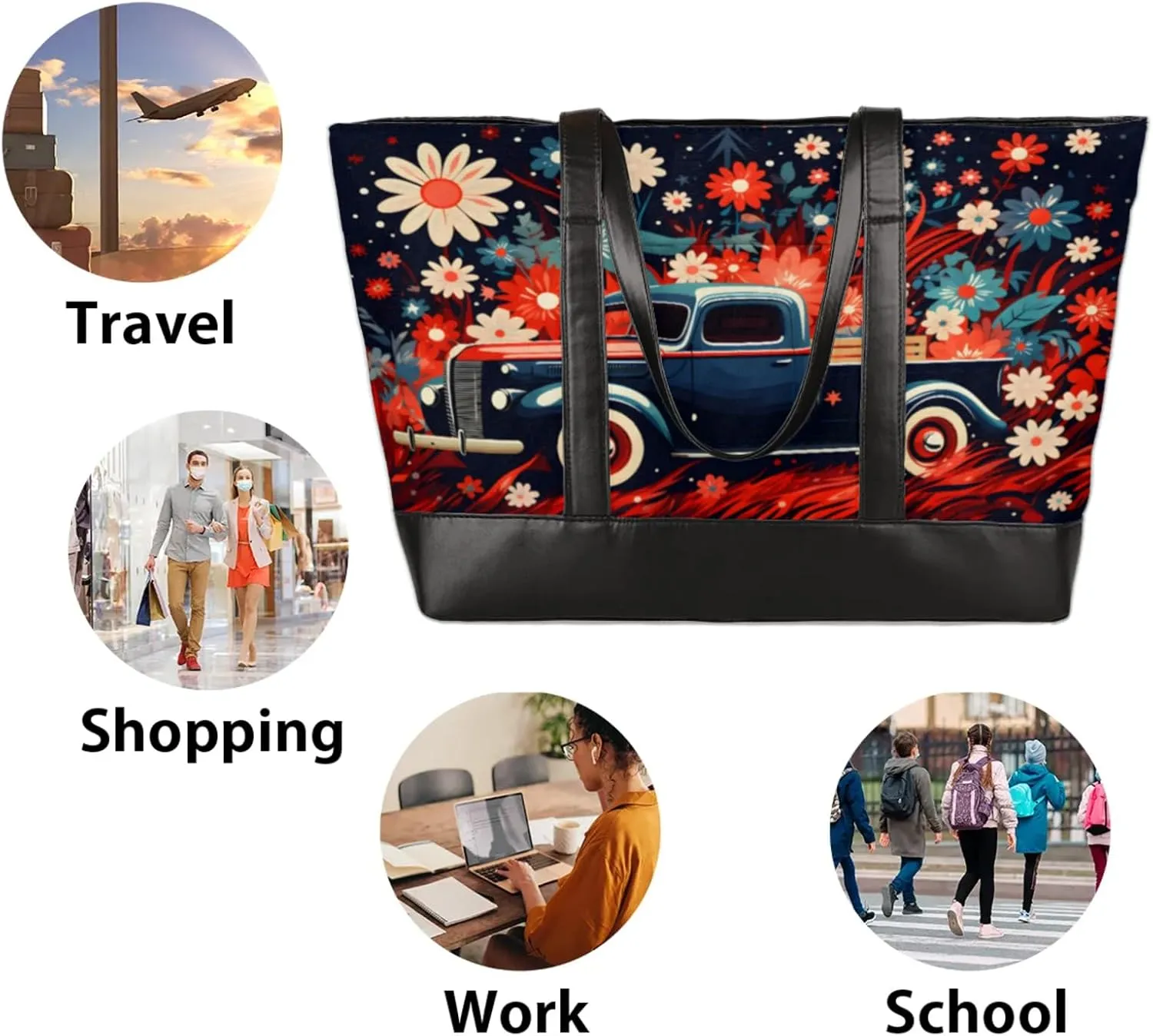 Women Tote Bag with Zipper, Shopper Handbag Travel Purse, PU Leather Laptop Tote Bags, Weekender Tote Bags