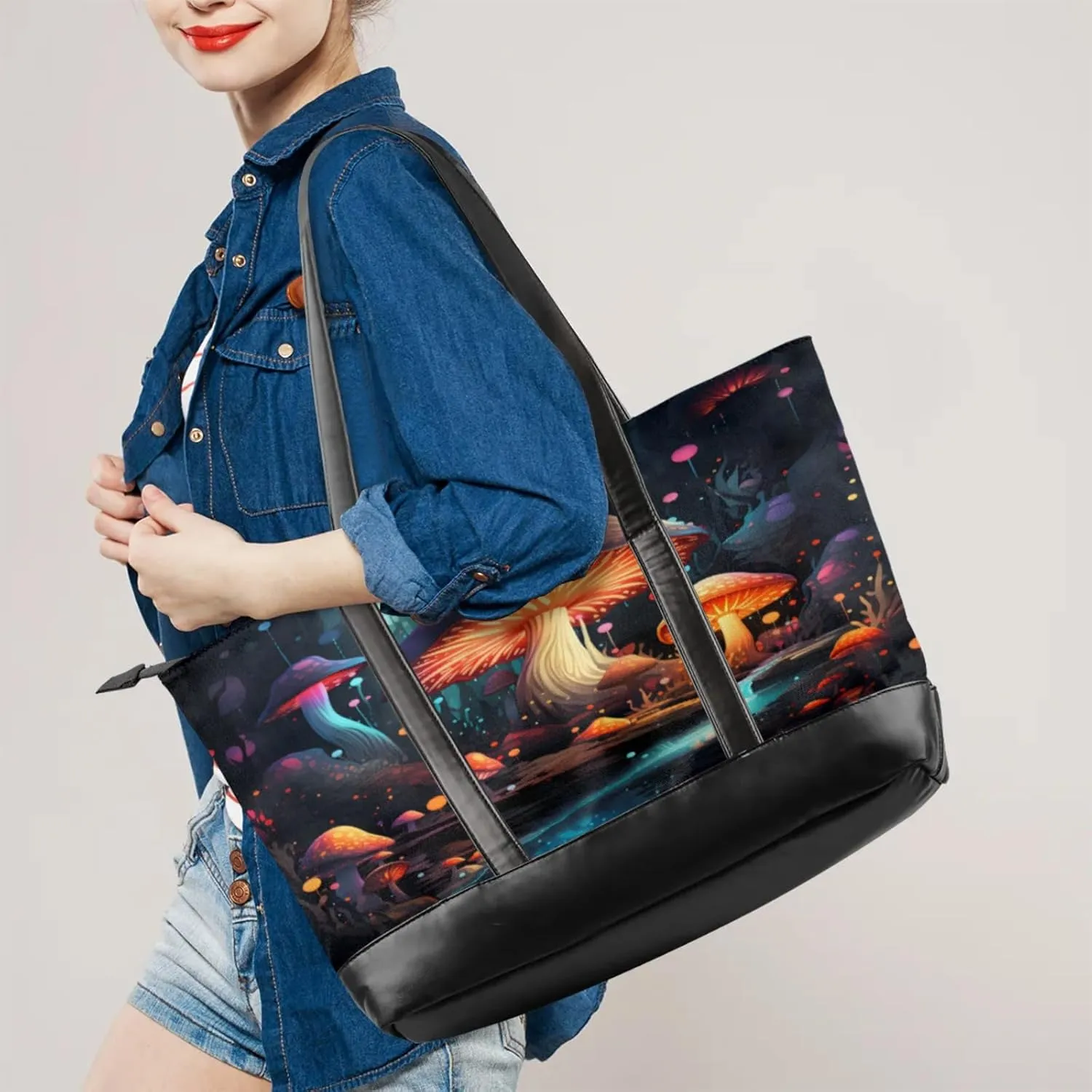 Women Tote Bag with Zipper, Shopper Handbag Travel Purse, PU Leather Laptop Tote Bags, Weekender Tote Bags
