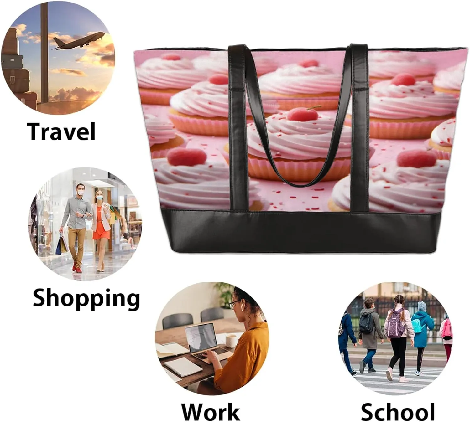 Women Tote Bag with Zipper, Shopper Handbag Travel Purse, PU Leather Laptop Tote Bags, Weekender Tote Bags